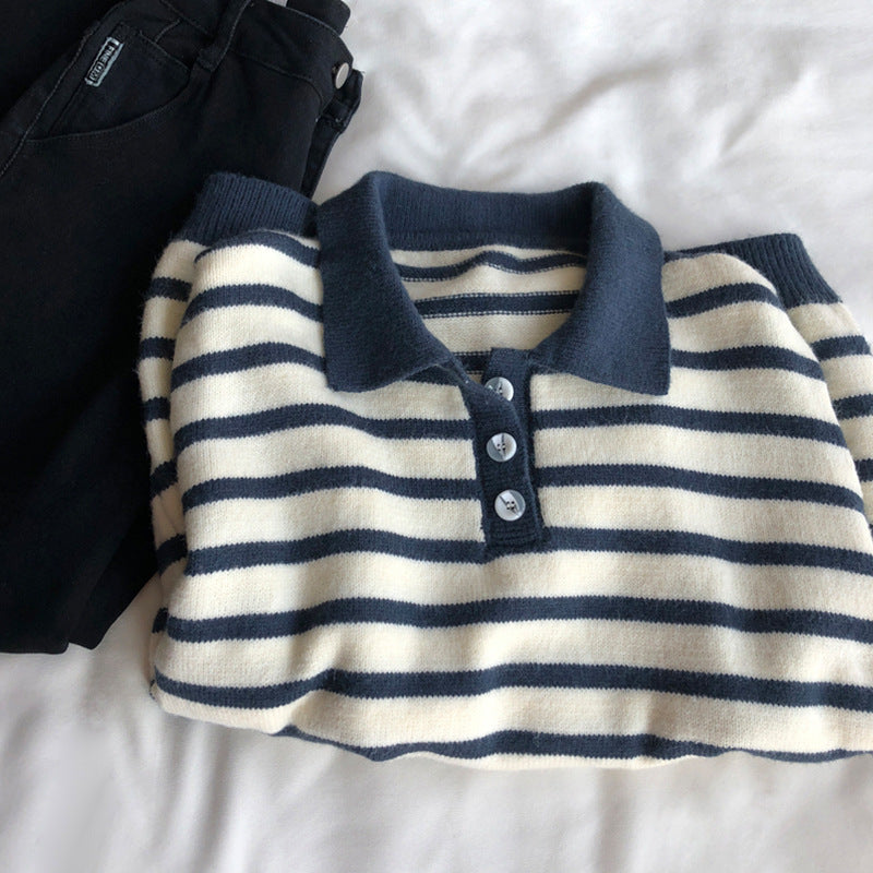 Women's Polo Collar Stripes Sweater