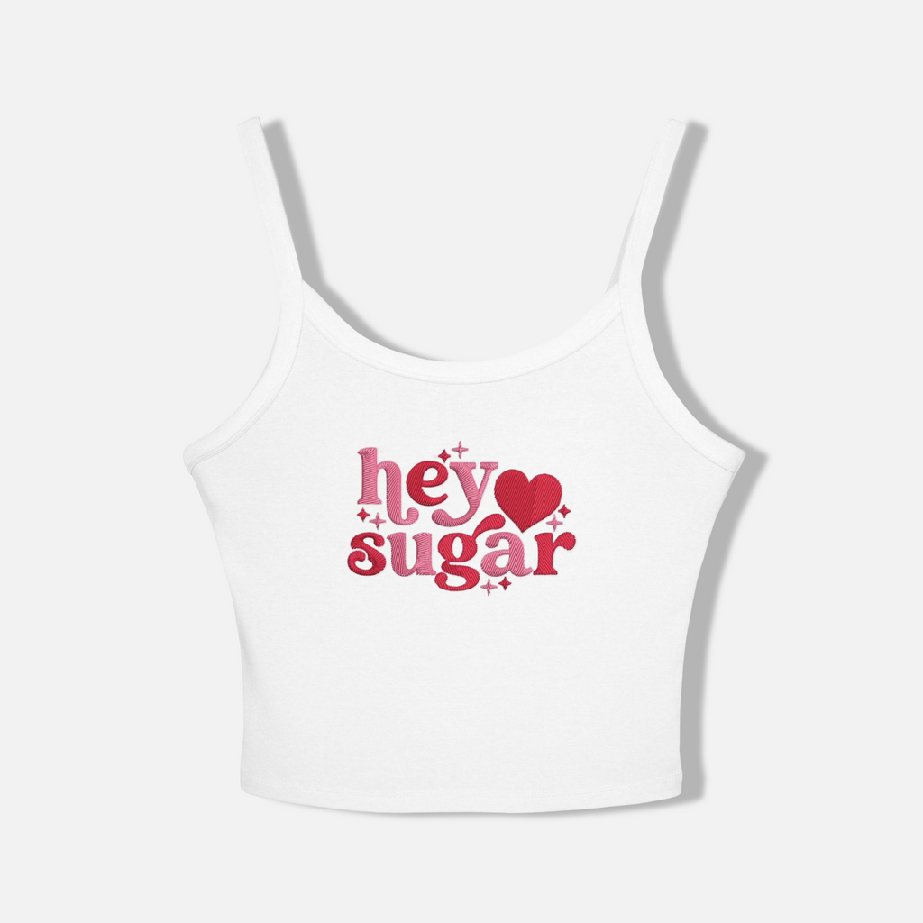 White tank top with 'hey ❤️ sugar' text on a white background