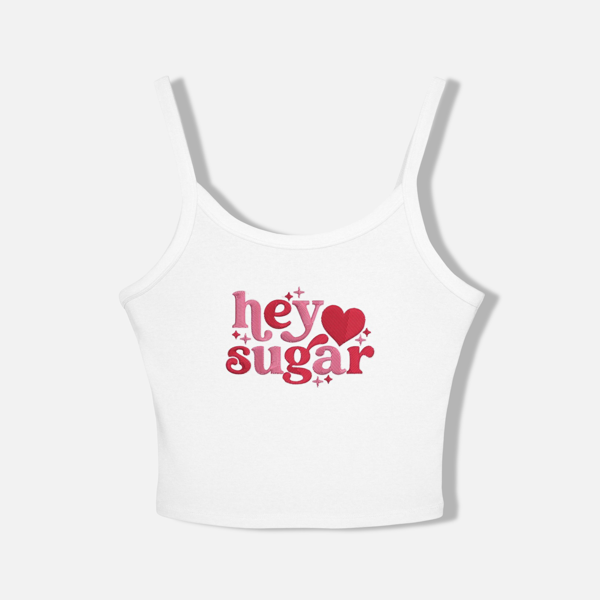 White tank top with 'hey ❤️ sugar' text on a white background